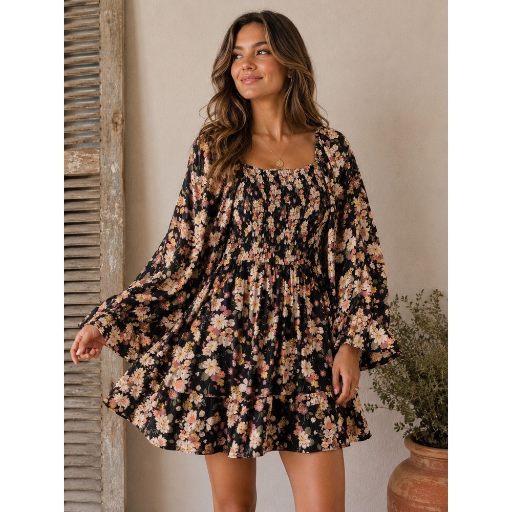 Angie S Romantic Boho Chic Whimsy Flowy Festival Bell Sleeve Tiered Dress NEW